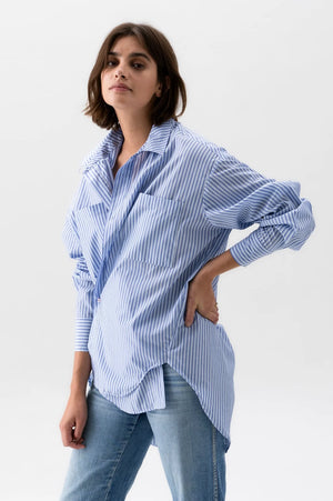 Striped button up shirt, available at west2westport.com