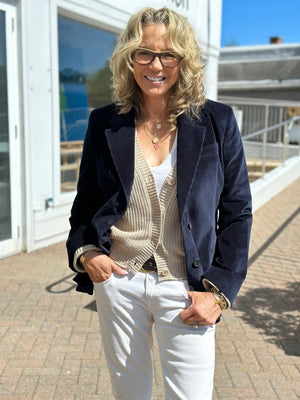 
            
                Load image into Gallery viewer, WEST Boutique owner Kitt Shapiro wearing Frame corduroy blazer with One Grey Day sweater, r13 jeans and Dylan James jewelry at west2westport.com
            
        