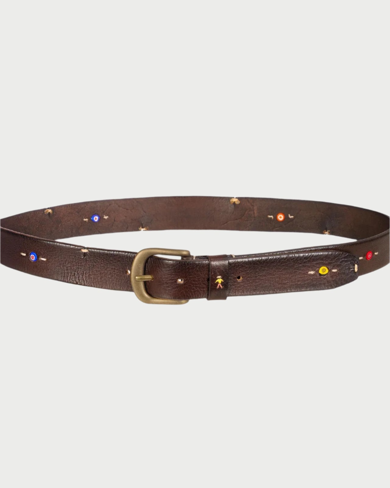 The HB Classic Belt by Henry Beguelin is a handmade leather creation featuring colorful symbols, gold metallic accents, a brass buckle, Venetian beads, and blue, red, and yellow circular details for an artisanal touch.