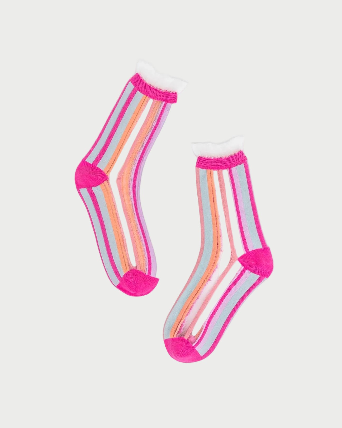 Pair of colorful striped socks on a white background