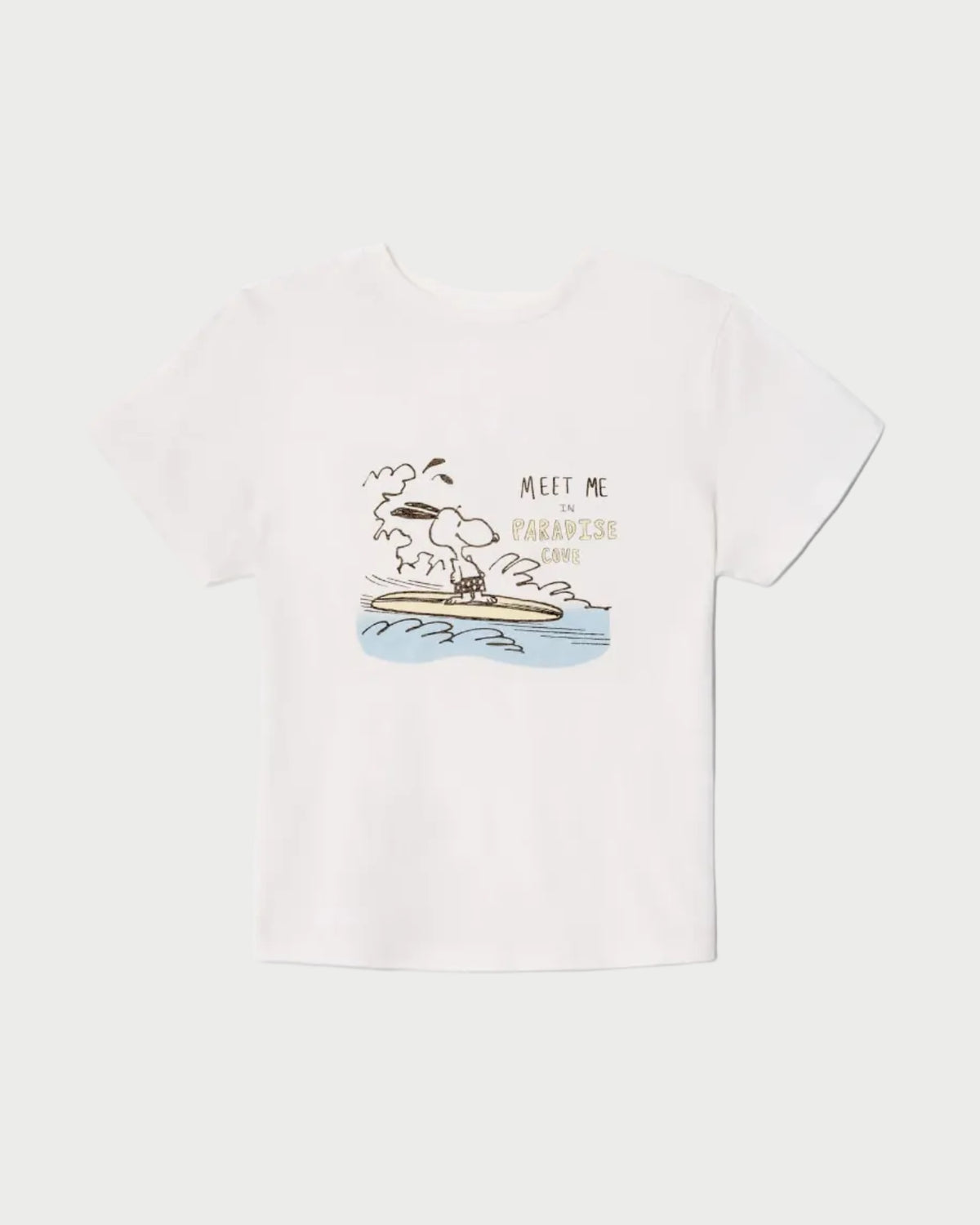 White t-shirt with graphic design and text on a white background