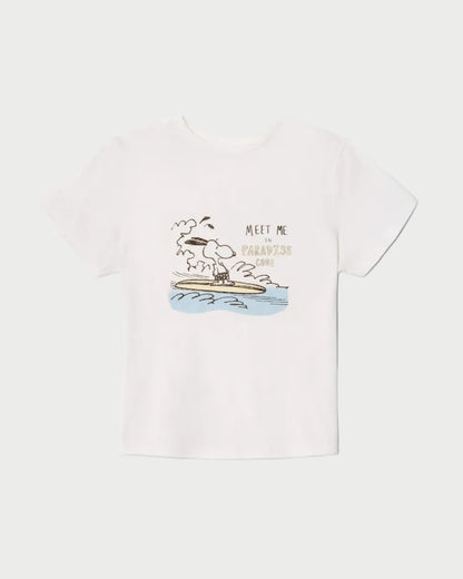 White t-shirt with graphic design and text on a white background