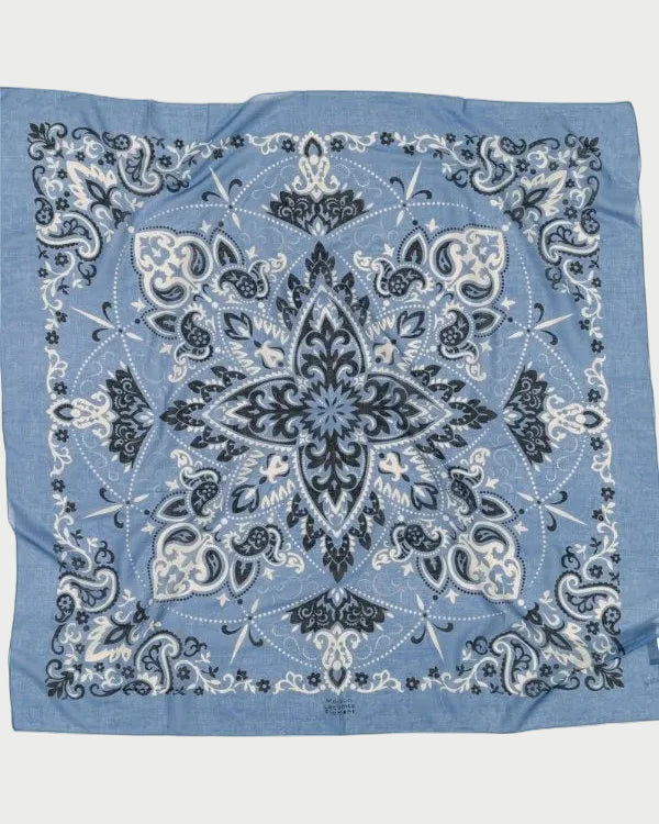 Blue bandana with black and white paisley pattern on a white background