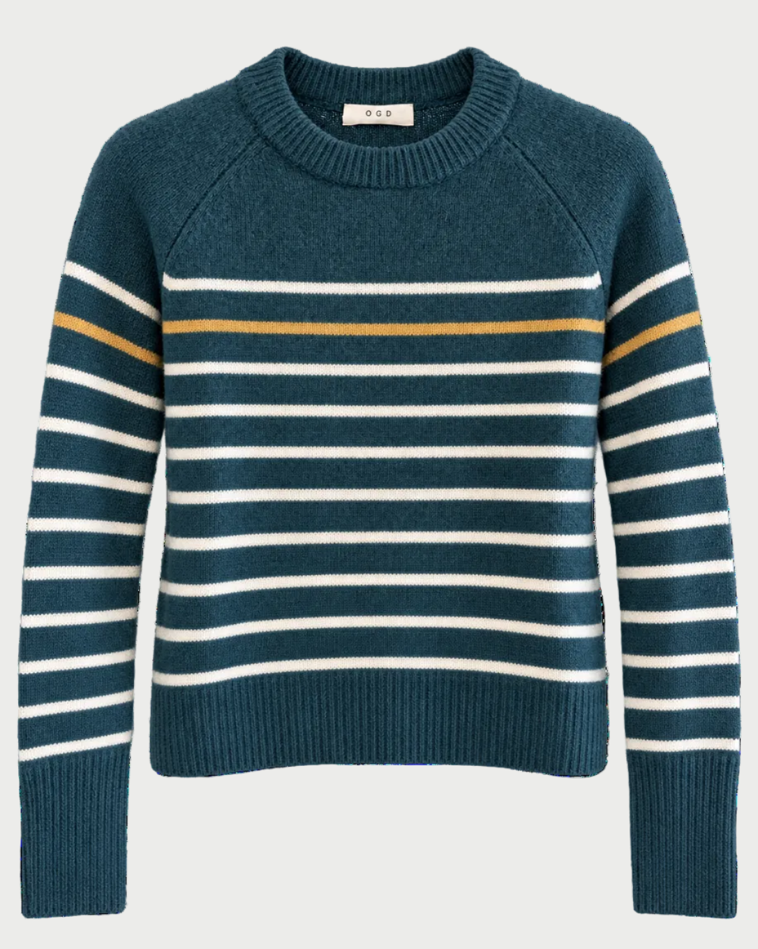 A dark teal knit sweater with horizontal white and mustard yellow stripes, featuring raglan sleeves and a ribbed crew neck, cuffs, and hem.