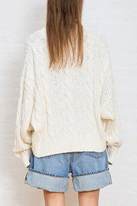 rear view Denimist cable knit sweater at west2westport.com