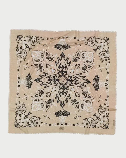 Beige bandana with black pattern on a white background