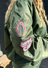 Load image into Gallery viewer, up close of say no to drugs and cool cat patch on bomber, available at west2westport.com