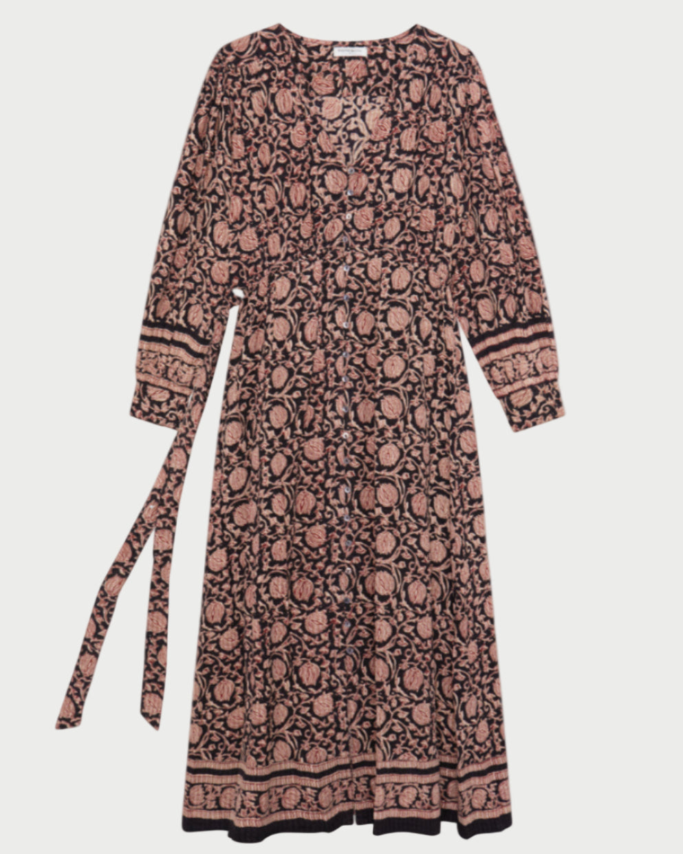 Long-sleeve dress with a pattern on a white background