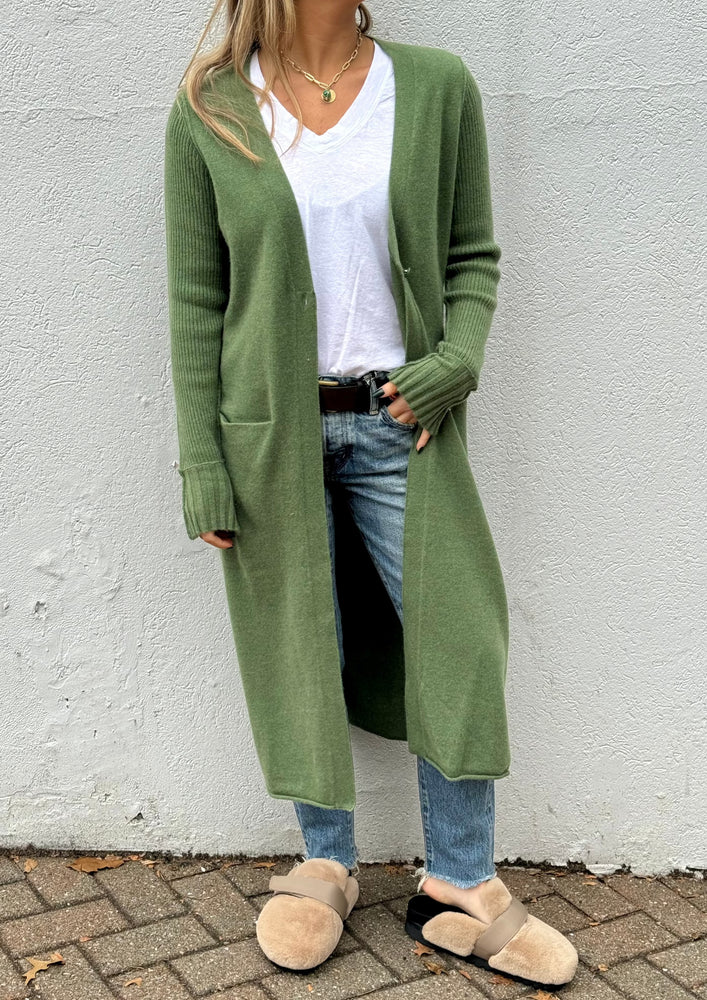 Perfect moss green duster. available at west2westport.com