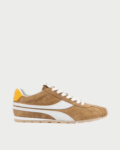 The Oncept Essex Sneaker - Ginger is a brown suede sneaker with white laces, a white side stripe, yellow heel accent, and beige rubber sole, shown in profile against a plain white background. A stylish and sustainably crafted ballet flat sneaker by Oncept.