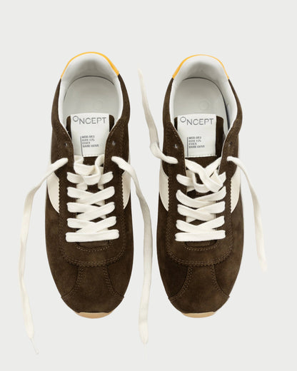 Pair of brown sneakers with white laces on a white background