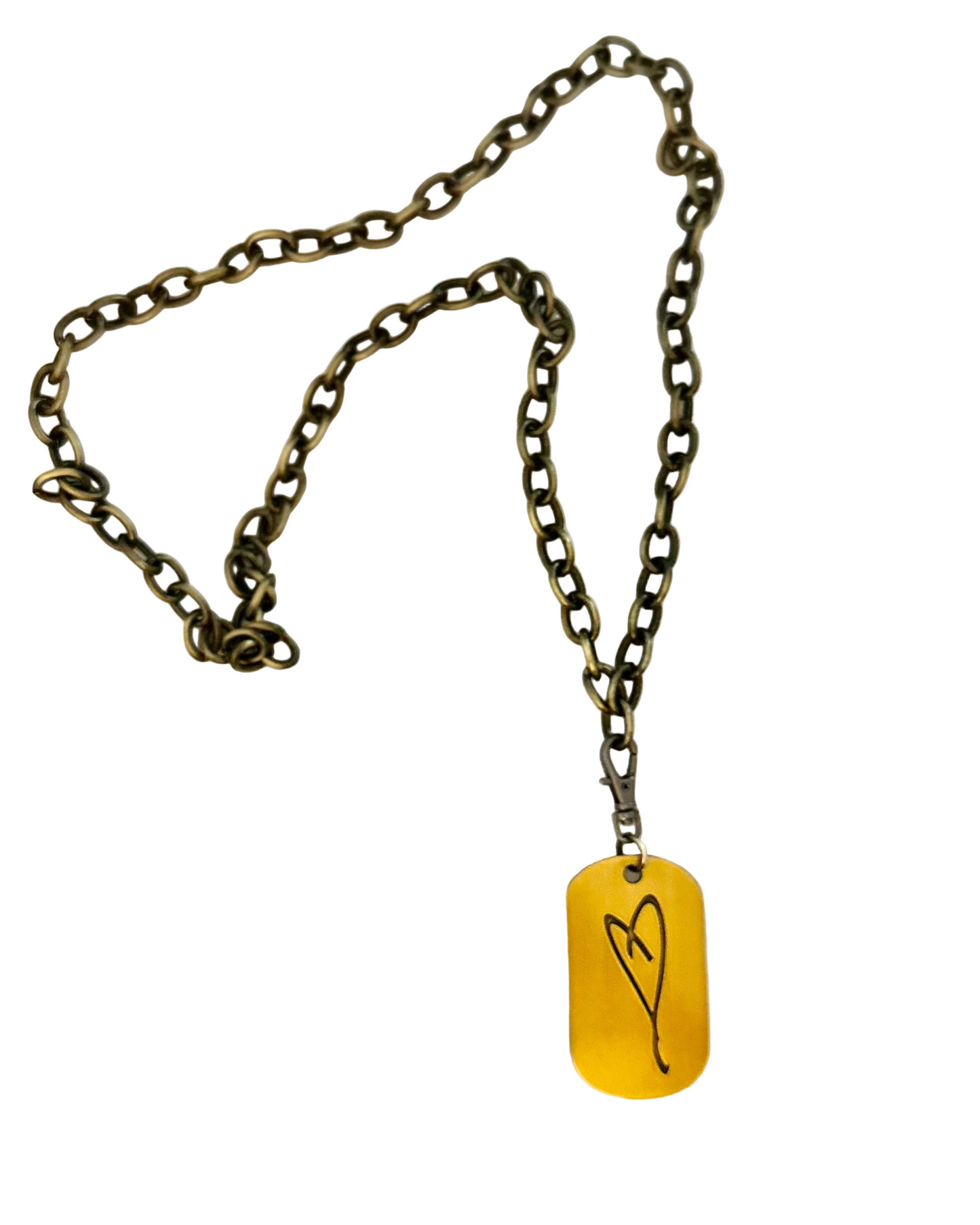 The Simply Eartha "Here's To Life/EK Heart" bronze chain necklace features a yellow dog tag pendant with a simple black heart line drawing, photographed on a white background.
