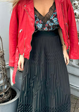 Load image into Gallery viewer, le superbe origami pleated skirt with red leather moto jacket and zadig &amp; voltaire cami at west2westport.com