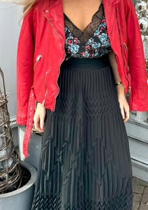 le superbe origami pleated skirt with red leather moto jacket and zadig & voltaire cami at west2westport.com