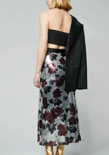 Load image into Gallery viewer, Back of the floral sparkle midi skirt, available at west2westport.com