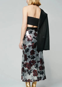 Back of the floral sparkle midi skirt, available at west2westport.com