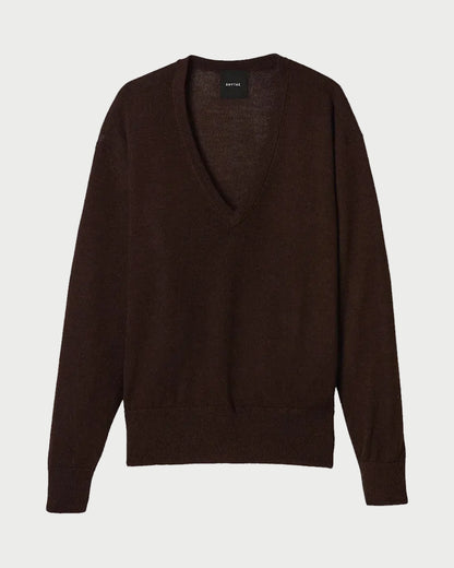 A dark brown V-neck knit sweater with long sleeves, displayed flat against a light gray background.
