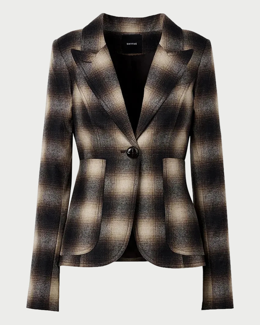 A women's tailored blazer with a brown, black, and beige plaid pattern, featuring a single button closure and front pockets, shown against a plain white background.