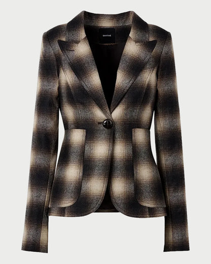 A women's tailored blazer with a brown, black, and beige plaid pattern, featuring a single button closure and front pockets, shown against a plain white background.