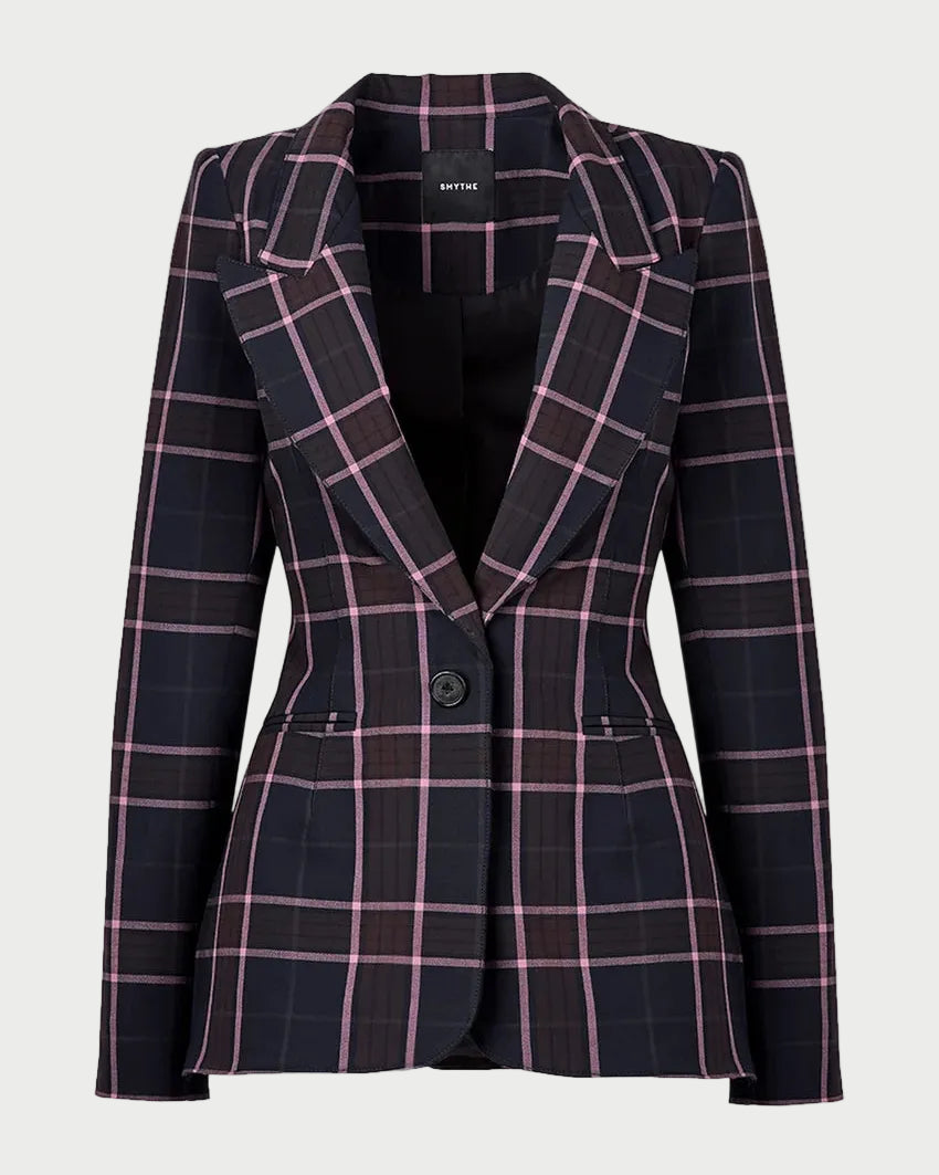 A women's tailored blazer in a dark navy and black plaid pattern with pink and light gray windowpane lines, featuring a single button closure and notch lapels, shown against a plain white background.
