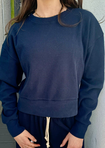 Navy Kendall Waffle Sweatshirt, available at west2westport.com