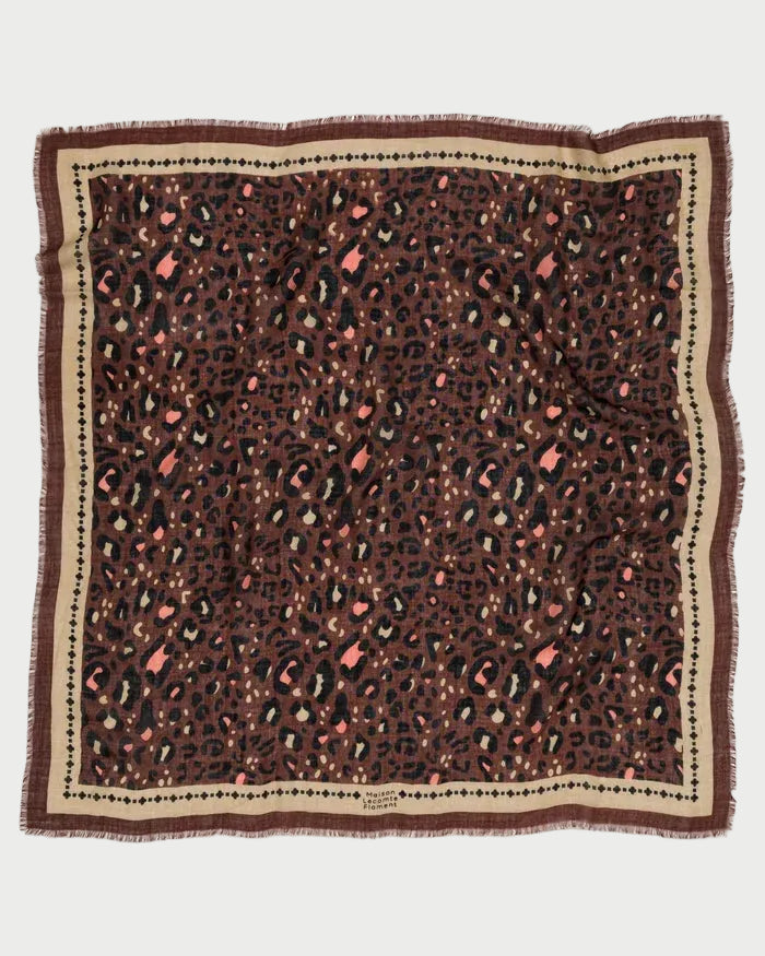 Maison Lecomte Flament Leo Scarf Chocolate Rosy featuring a brown and pink leopard print with a dark brown border and frayed edges.