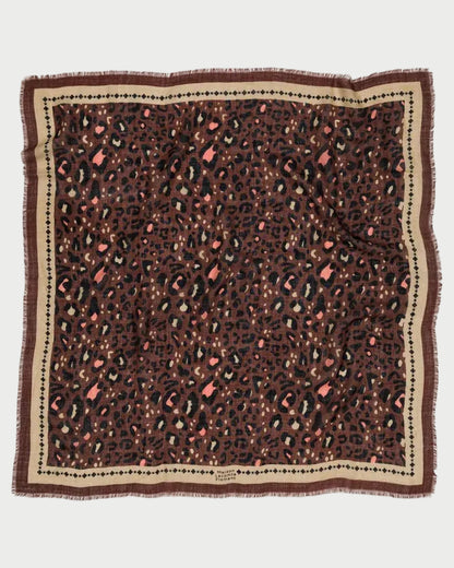 Maison Lecomte Flament Leo Scarf Chocolate Rosy featuring a brown and pink leopard print with a dark brown border and frayed edges.
