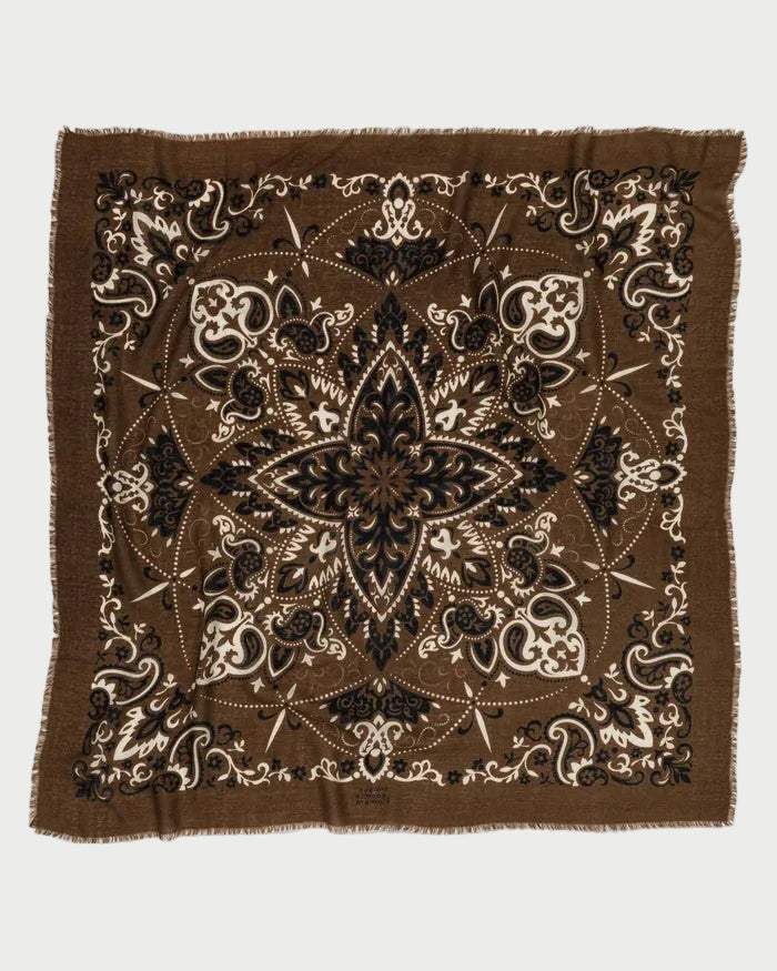 Maison Lecomte Flament Bandana Scarf Hazelnut, a brown square wool cashmere scarf with frayed edges featuring a traditional white, black, and tan paisley and floral pattern.
