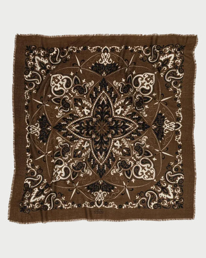 Maison Lecomte Flament Bandana Scarf Hazelnut, a brown square wool cashmere scarf with frayed edges featuring a traditional white, black, and tan paisley and floral pattern.
