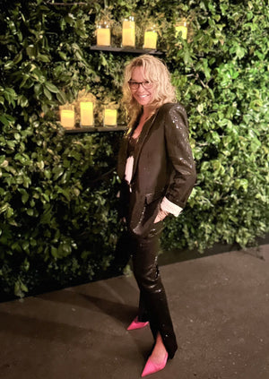 westport ct boutique owner Kitt Shapiro wearing the coolest sequin suit by Zadig & Voltaire
