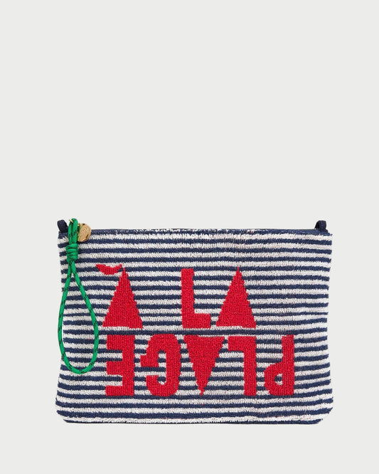 Striped pouch with red text and sailboat design on a white background