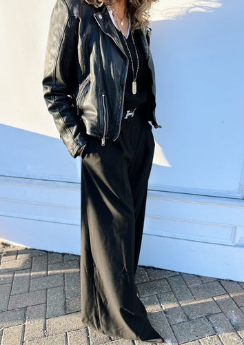 Saint Art Tiffany wide leg trousers with black leather jacket at westport ct boutique WEST