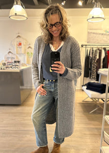 kitt shapiro WEST owner wearing One Grey Day duster, R13 jeans and Perfect White Tee at west2westport.com