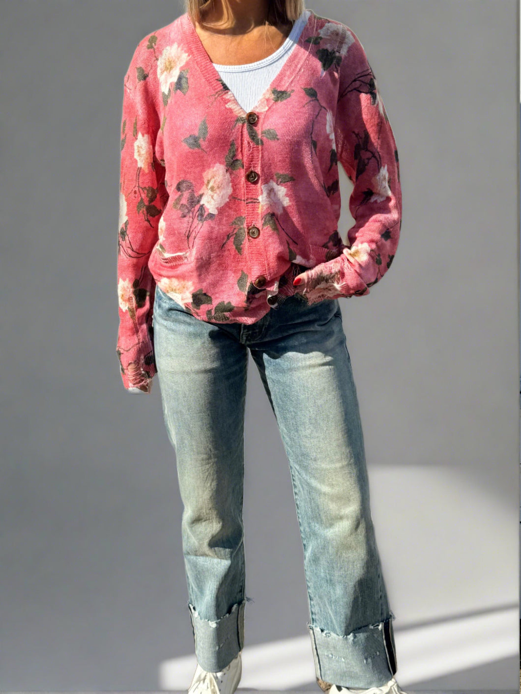 r13 cuffed Romeo jeans and distressed pink flowered boyfriend cardigan at west2westport.com