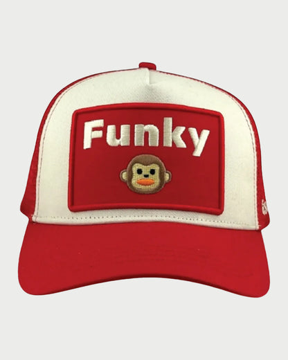 The Soulbyrd Funky Monkey Trucker Hat features "Funky" and a cartoon monkey face on a red patch. This red and white adjustable snapback by Soulbyrd adds playful style to any outfit.