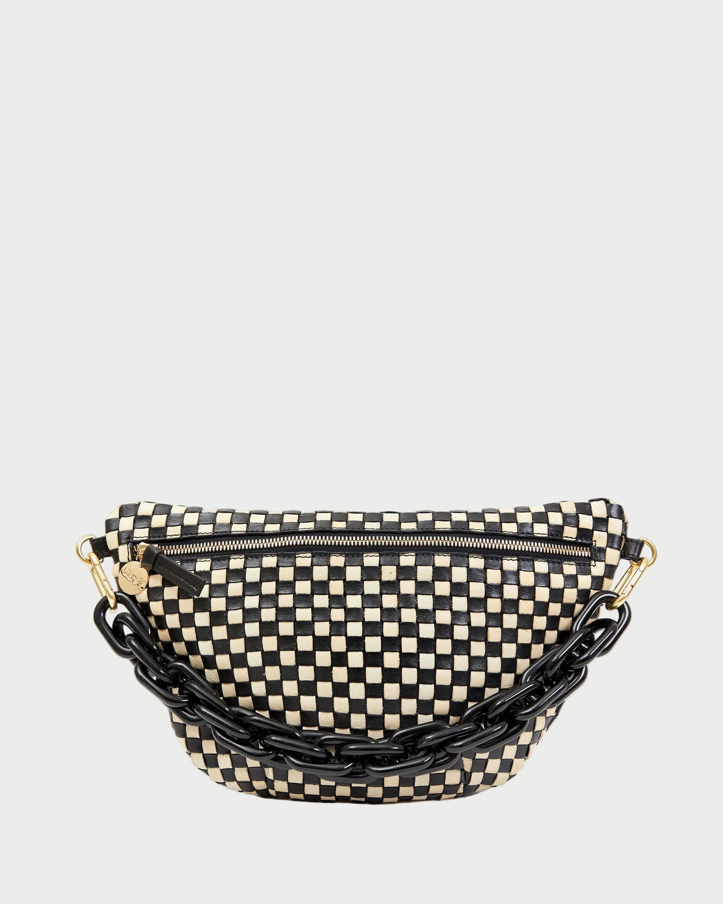 Black and white checkered bag with chain detail on a white background