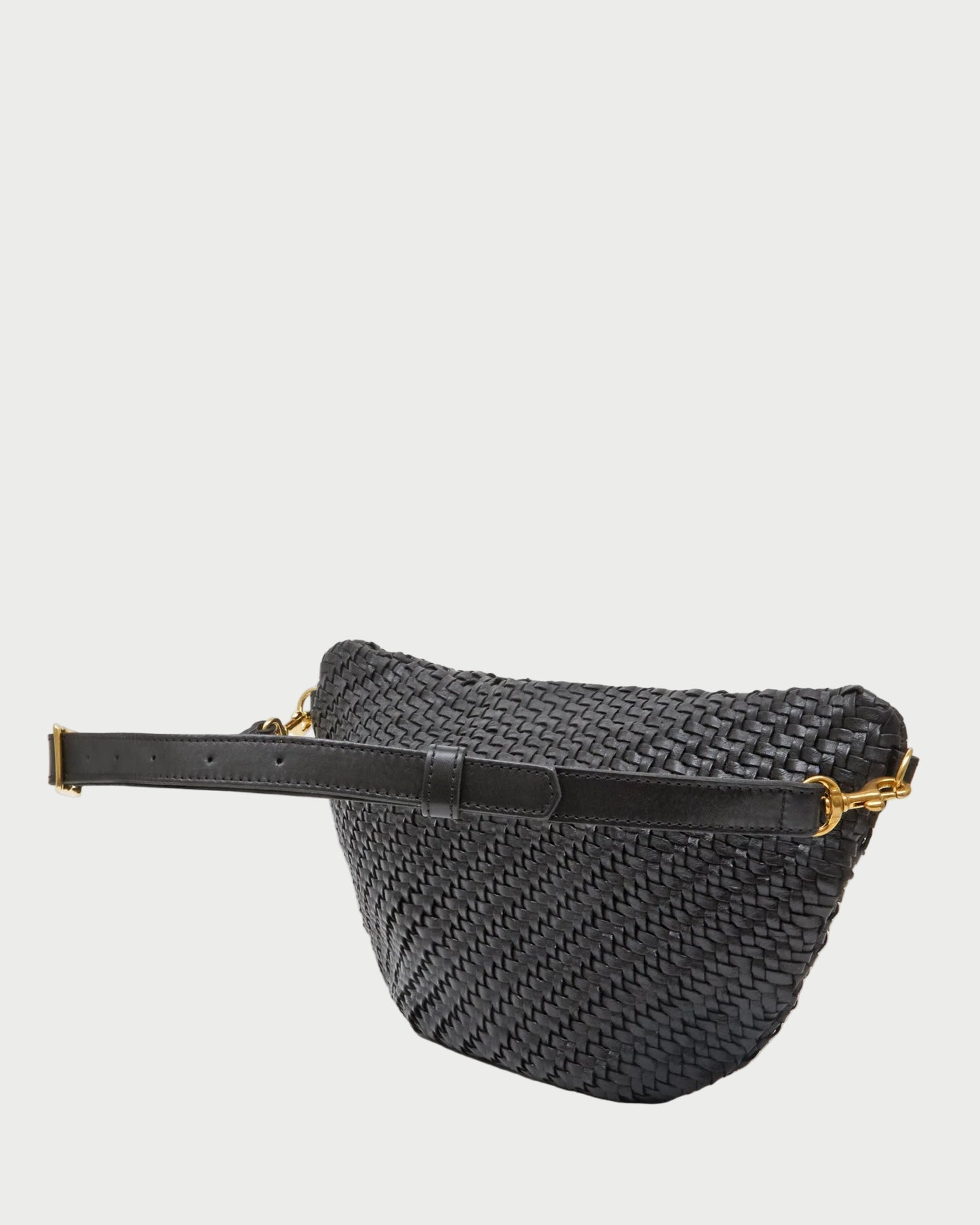 Black woven belt bag with a strap on a white background
