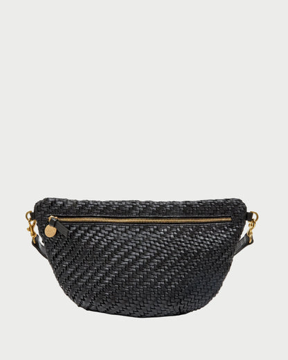 Black woven belt bag with gold zipper and chain on a white background