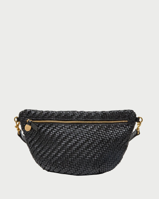 Black woven belt bag with gold zipper and chain on a white background
