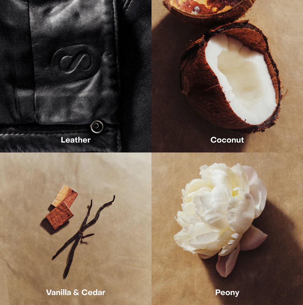 Four quadrant collage with leather, coconut, vanilla & cedar, and peony on a brown background.