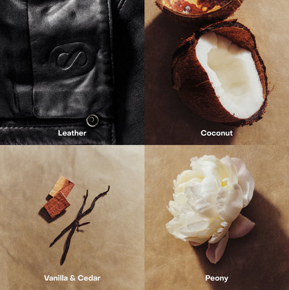 Four quadrant collage with leather, coconut, vanilla & cedar, and peony on a brown background.