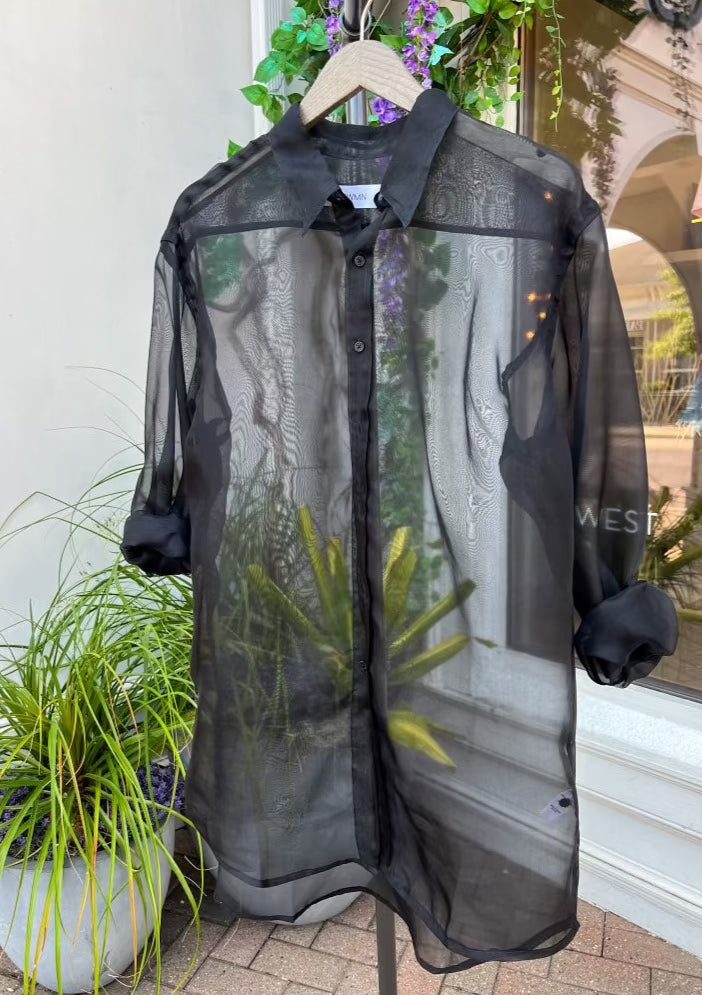 Black Oversized sheer shirt, available at west2westport.com