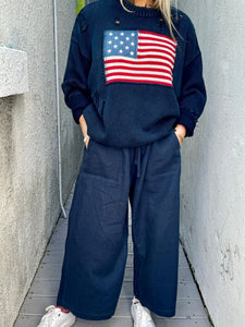 Denimist cotton flag sweater and wide leg linen pants at west2westport.com