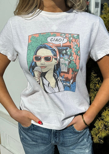 ReDone classic fit tee with Ciao graphic at west2westport.com