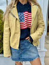 Load image into Gallery viewer, pale yellow leather jacket with moussy denim mini skirt and denimist cotton flag sweater at west2westport.com