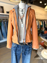 Load image into Gallery viewer, spring leather jacket in apricot with moussy jeans and one grey day cashmere sweater at west2westport.com