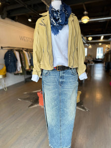 pale yellow leather jacket with r13 side slit long denim skirt and perfectwhitetee sweatshirt at west2westport.com