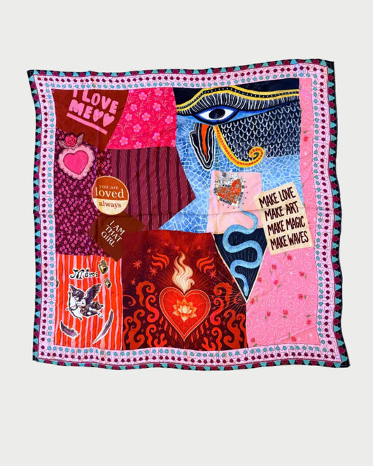 ME369 Sky Scarf in Red Aura with pink, red and blue patchwork, eye motif, flaming heart and statement lettering
