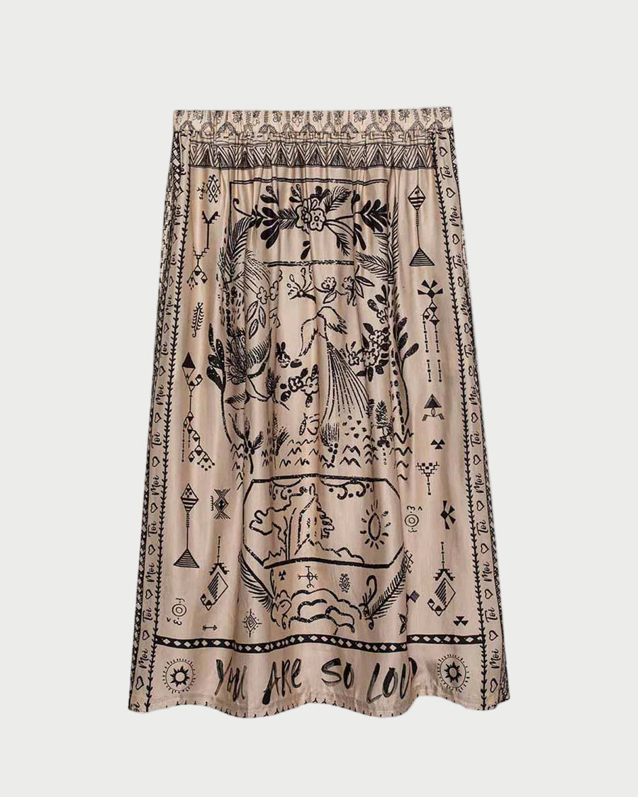 Skirt with black patterns and text on a beige background