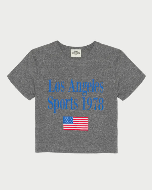 Gray t-shirt with 'Los Angeles Sports 1978' text and American flag on a white background